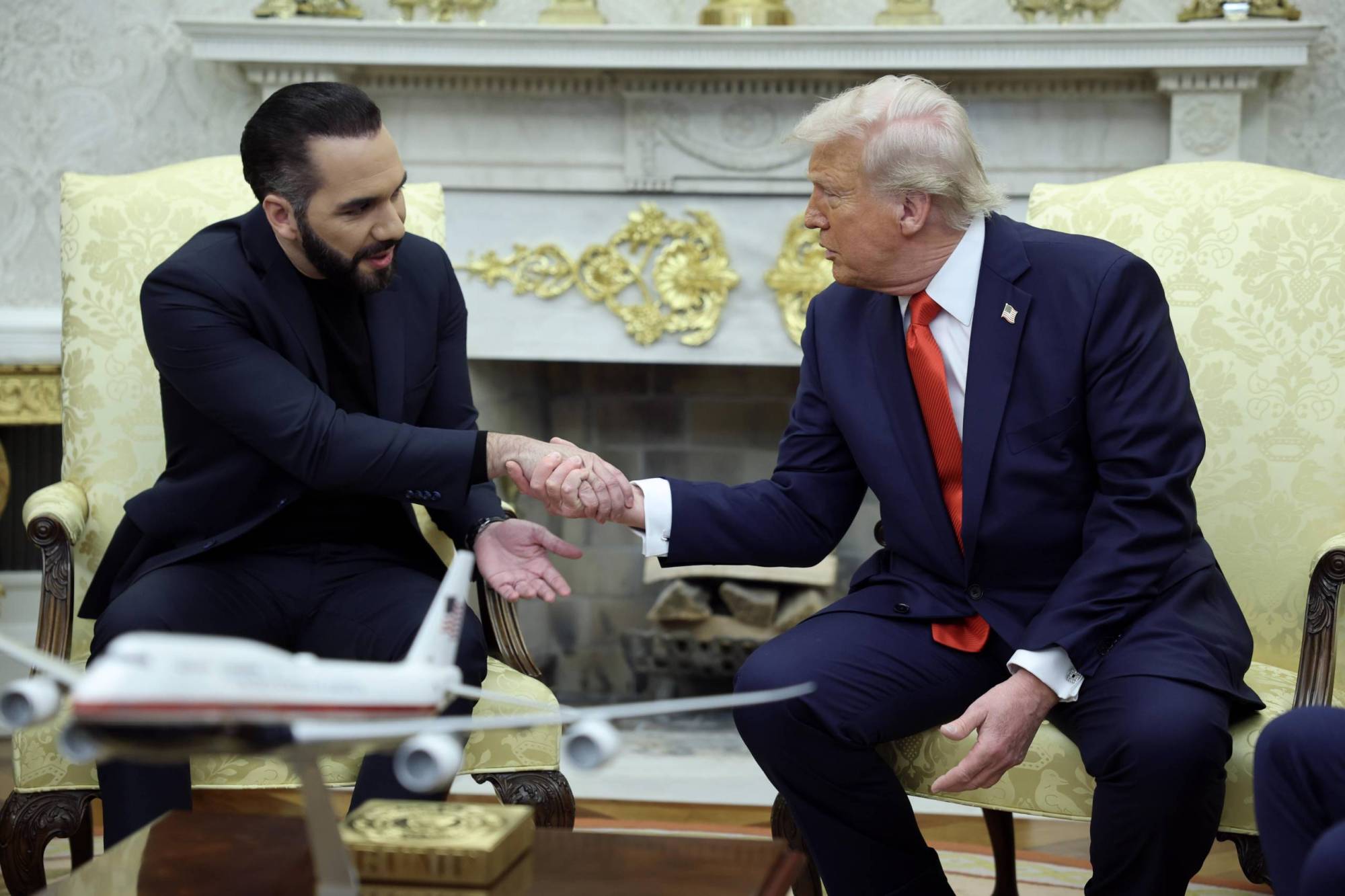 President Trump meets with President Nayib Bukele of El Salvador in the Oval Office on April 14, 2025.