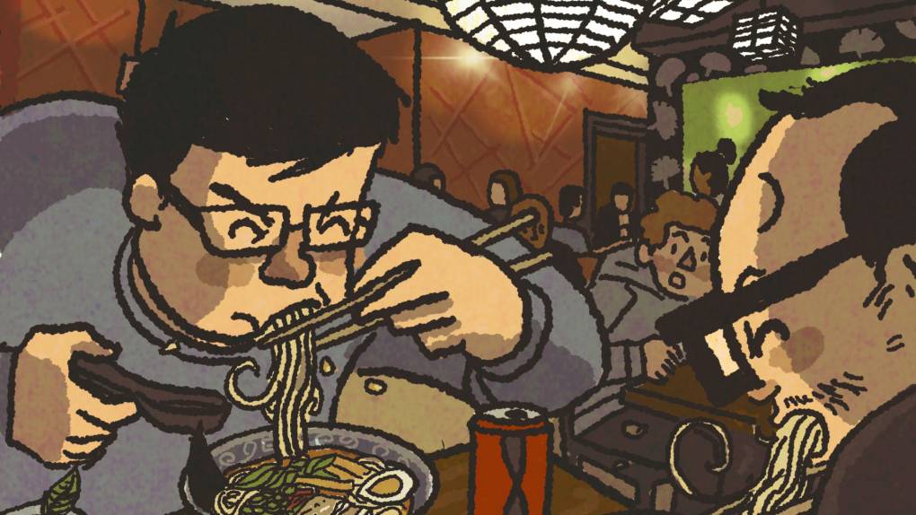 Illustration: two men slurp bowls of ramen inside a crowded restaurant.
