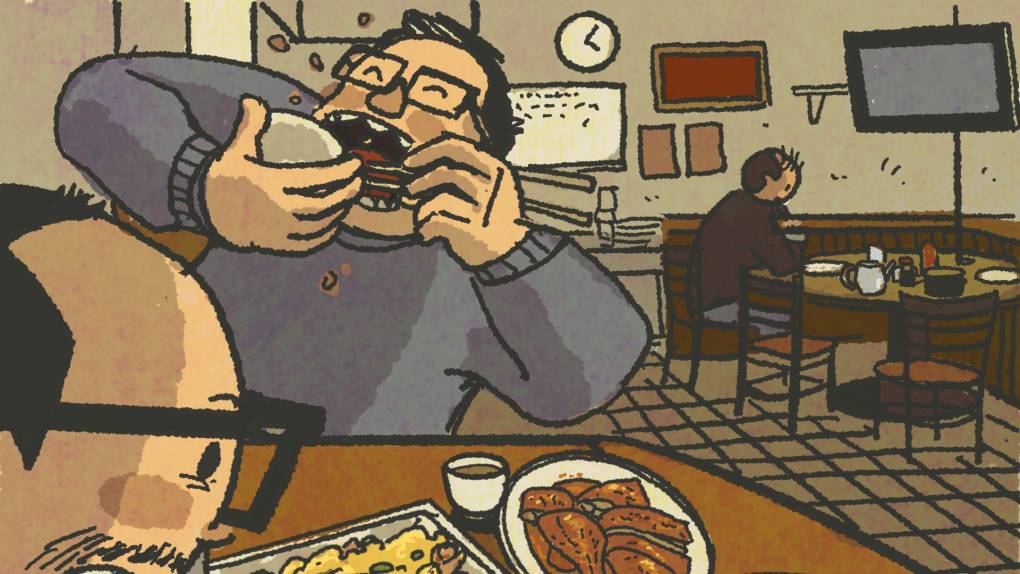 Two men devour a table full of Cantonese dishes, including chow mein and fried pork chops.