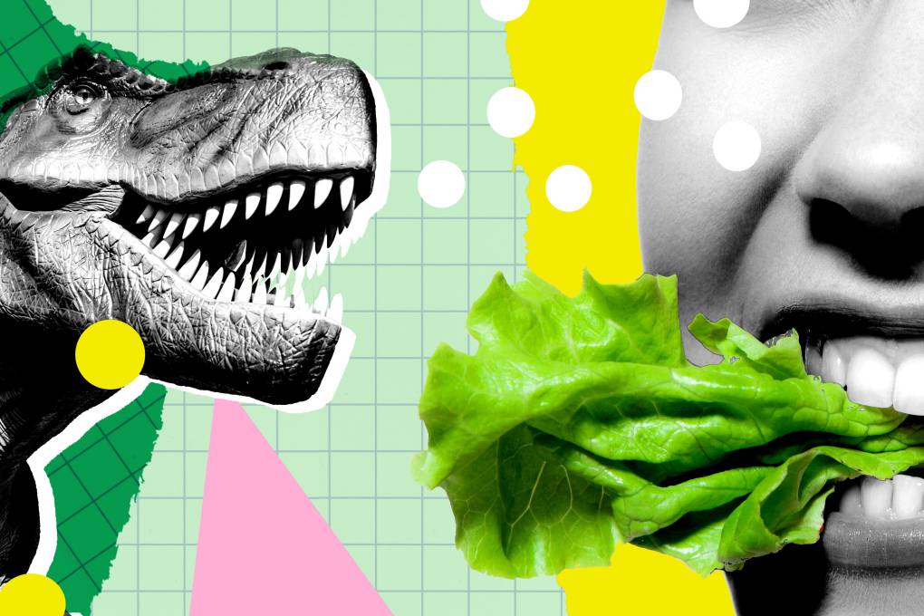 A collage featuring the head of a T-Rex with its mouth open and a close-up photo of a woman's face chomping on lettuce.