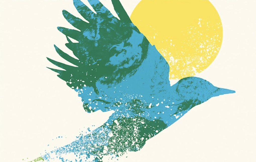 An illustration of a bird flying out of water with a backdrop of a sun.
