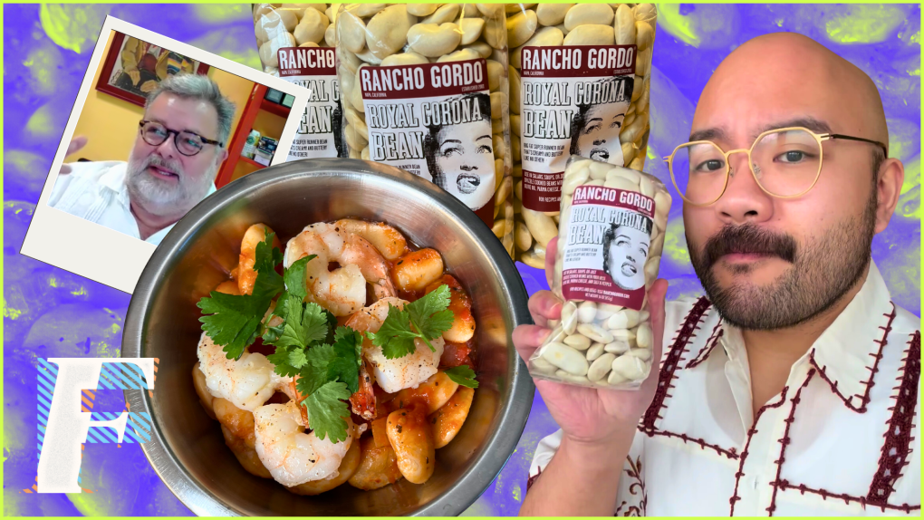 An array of Rancho Gordo's bagged dry white beans line the background. A silver bowl with cooked shrimp and beans with parsley are in the foreground next to Josh Decolongon, a young bald Filipino man with facial hair and glasses